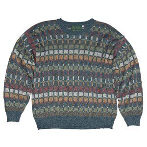 BIBO (Spain) Vintage Memphis Jacquard Tuck Stitch V Neck Jumper : L